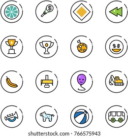 line vector icon set - lemon slice vector, money torch, main road sign, fast backward, win cup, gold, moon flag, smile, banana, milling cutter, balloon, excavator toy, horn, horse, beach ball, bus