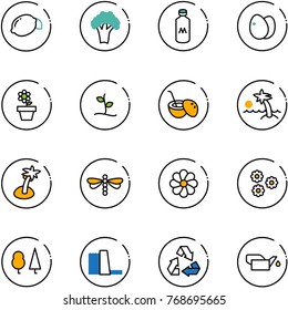 line vector icon set - lemon vector, broccoli, milk, eggs, flower pot, sproute, coconut cocktail, palm, dragonfly, forest, water power plant, recycling, oiler
