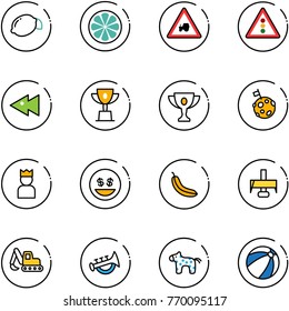 line vector icon set - lemon vector, slice, tractor way road sign, traffic light, fast backward, win cup, gold, moon flag, king, money smile, banana, milling cutter, excavator toy, horn, horse