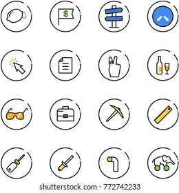 line vector icon set - lemon vector, dollar flag, road signpost sign, detour, cursor, document, victory, wine, sunglasses, case, axe, ruler, screwdriver, clinch, allen key, elephant wheel