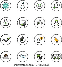 line vector icon set - lemon slice vector, pear, dollar smile, money search, bag, shared folder, hot tea, manager, growth arrow, green, dialog, watermelone, bungalow, toy horse, caterpillar, bus