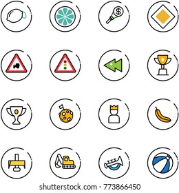 line vector icon set - lemon vector, slice, money torch, main road sign, tractor way, traffic light, fast backward, win cup, gold, moon flag, king, banana, milling cutter, excavator toy, horn