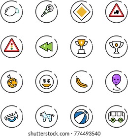 line vector icon set - lemon vector, money torch, main road sign, tractor way, traffic light, fast backward, win cup, gold, moon flag, smile, banana, balloon, horn toy, horse, beach ball, bus