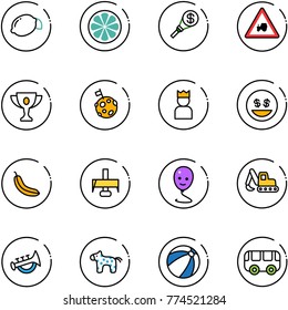 line vector icon set - lemon vector, slice, money torch, tractor way road sign, gold cup, moon flag, king, smile, banana, milling cutter, balloon, excavator toy, horn, horse, beach ball, bus