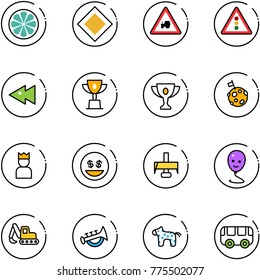 line vector icon set - lemon slice vector, main road sign, tractor way, traffic light, fast backward, win cup, gold, moon flag, king, money smile, milling cutter, balloon, excavator toy, horn, horse