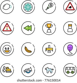 line vector icon set - lemon vector, slice, money torch, tractor way road sign, traffic light, fast backward, win cup, king, smile, banana, milling cutter, balloon, excavator toy, horn, horse, bus