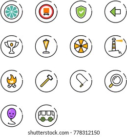 line vector icon set - lemon slice vector, no dangerous cargo road sign, shield check, left arrow, gold cup, pennant, parasol, lighthouse, fire, sledgehammer, fretsaw, magnifier, balloon smile
