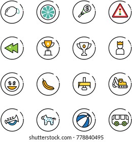 line vector icon set - lemon vector, slice, money torch, traffic light road sign, fast backward, win cup, gold, king, smile, banana, milling cutter, excavator toy, horn, horse, beach ball, bus