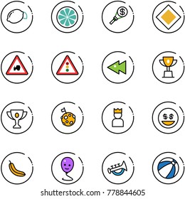 line vector icon set - lemon vector, slice, money torch, main road sign, tractor way, traffic light, fast backward, win cup, gold, moon flag, king, smile, banana, balloon, horn toy, beach ball