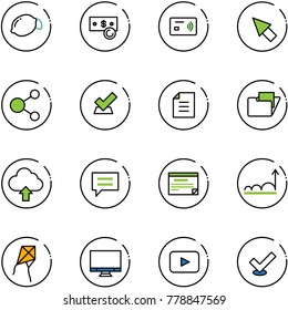 line vector icon set - lemon vector, cash, tap pay, cursor, share, check, document, folder, upload cloud, chat, schedule, growth, kite, monitor, playback