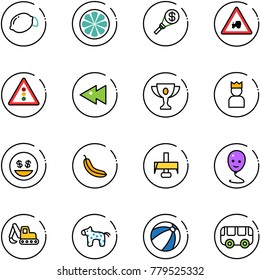line vector icon set - lemon vector, slice, money torch, tractor way road sign, traffic light, fast backward, gold cup, king, smile, banana, milling cutter, balloon, excavator toy, horse, beach ball