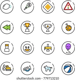 line vector icon set - lemon vector, money torch, main road sign, traffic light, fast backward, win cup, gold, moon flag, king, smile, milling cutter, balloon, excavator toy, horn, horse, beach ball