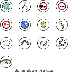line vector icon set - lemon slice vector, onion, no trailer road sign, cart horse, truck overtake, end minimal speed limit, shield check, world, rain cloud, rainbow, bucket scoop, magnifier