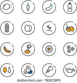 line vector icon set - lemon vector, carrot, eggplant, milk, spica, eggs, sproute, coconut cocktail, banana, palm, flower, forest, recycling, oiler