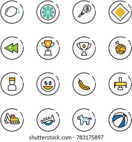 line vector icon set - lemon vector, slice, money torch, main road sign, fast backward, win cup, gold, moon flag, king, smile, banana, milling cutter, excavator toy, horn, horse, beach ball