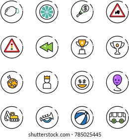 line vector icon set - lemon vector, slice, money torch, tractor way road sign, traffic light, fast backward, win cup, gold, moon flag, king, smile, balloon, excavator toy, horn, beach ball, bus