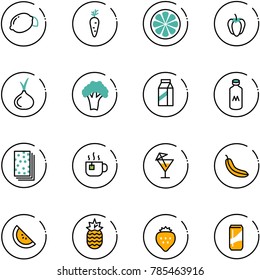 line vector icon set - lemon vector, carrot, slice, sweet pepper, onion, broccoli, milk, breads, hot tea, drink, banana, watermelone, pineapple, strawberry