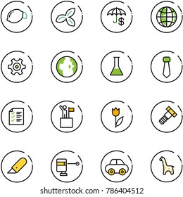 line vector icon set - lemon vector, three leafs, insurance, globe, gear, flask, tie, list, win, tulip, bolt, work knife, laser lever, car, toy giraffe