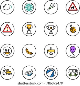 line vector icon set - lemon vector, slice, money torch, tractor way road sign, traffic light, win cup, gold, moon flag, smile, banana, milling cutter, balloon, excavator toy, horn, beach ball, bus