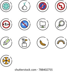 line vector icon set - lemon slice vector, onion, no parkin odd, left turn road sign, limited width, end minimal speed limit, network folder, magnifier, highlight marker, win, banana, rainbow