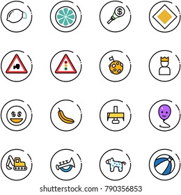 line vector icon set - lemon vector, slice, money torch, main road sign, tractor way, traffic light, moon flag, king, smile, banana, milling cutter, balloon, excavator toy, horn, horse, beach ball