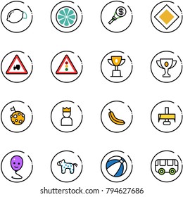 line vector icon set - lemon vector, slice, money torch, main road sign, tractor way, traffic light, win cup, gold, moon flag, king, banana, milling cutter, balloon smile, toy horse, beach ball, bus