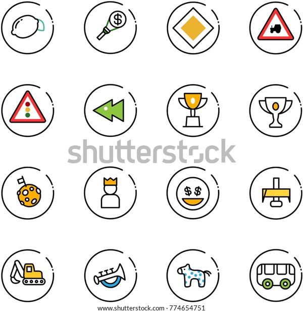 line vector icon set - lemon vector, money torch,\
main road sign, tractor way, traffic light, fast backward, win cup,\
gold, moon flag, king, smile, milling cutter, excavator toy, horn,\
horse, bus