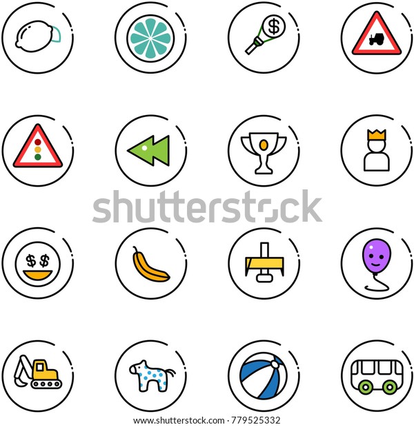 line vector icon set - lemon vector, slice, money
torch, tractor way road sign, traffic light, fast backward, gold
cup, king, smile, banana, milling cutter, balloon, excavator toy,
horse, beach ball