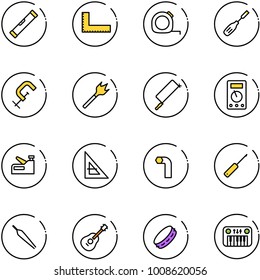 line vector icon set - level vector, corner ruler, measuring tape, chisel, clamp, wood drill, metal hacksaw, multimeter, stapler, allen key, awl, forceps, guitar, tambourine, toy piano