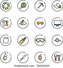 line vector icon set - lifebuoy vector, search money, job, mat, ship bell, tent, skateboard, monitor, micro flash card, pliers, protective glasses, jack, winch, rasp, allen key set, shovel fork toy