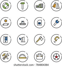 line vector icon set - lifebuoy vector, work, brick wall, flippers, mat, conveyor, sim, wrench, server, oil derrick, axe, clamp, hammer, construction helmet, tool box, soccer ball