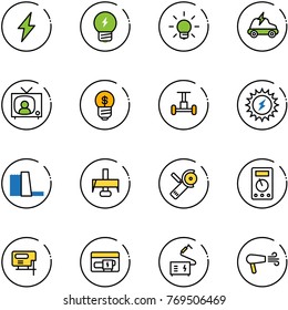 line vector icon set - lightning vector, idea, bulb, electric car, tv news, business, gyroscope, sun power, water plant, milling cutter, Angular grinder, multimeter, jig saw, generator, welding
