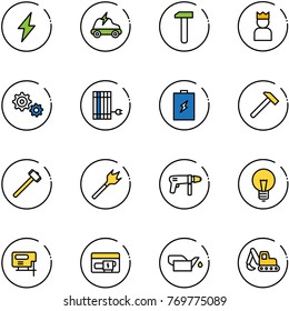 line vector icon set - lightning vector, electric car, work, king, gear, sun panel, battery, hammer, sledgehammer, wood drill, machine, bulb, jig saw, generator, oiler, excavator toy