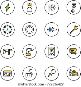 line vector icon set - lightning vector, king, gear, piston, sun power, standby button, connect, wood drill, machine, multimeter, jig saw, generator, welding, oiler, excavator toy