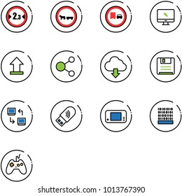 line vector icon set - limited width vector road sign, no cart horse, truck overtake, monitor cursor, uplooad, share, download cloud, save, data exchange, usb wi fi, game console, binary code