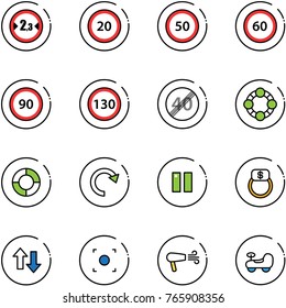 line vector icon set - limited width vector road sign, speed limit 20, 50, 60, 90, 130, end, friends, lifebuoy, redo, pause, finger ring, up down arrows, record button, dryer, baby car