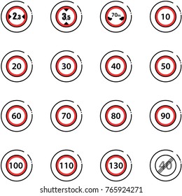 line vector icon set - limited width vector road sign, height, distance, speed limit 10, 20, 30, 40, 50, 60, 70, 80, 90, 100, 110, 130, end