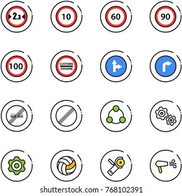 line vector icon set - limited width vector road sign, speed limit 10, 60, 90, 100, customs, only forward right, end overtake, no, social, gears, gear, volleyball, Angular grinder, dryer