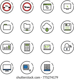 line vector icon set - limited distance vector road sign, no cart horse, cursor browser, monitor, folder, network, download cloud, save, statistics, calculator, wireless lock, monoblock pc