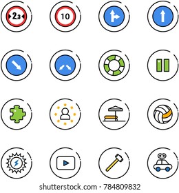 line vector icon set - limited width vector road sign, speed limit 10, only forward right, detour, lifebuoy, pause, puzzle, star man, inflatable pool, volleyball, sun power, playback, sledgehammer