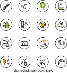 Line Vector Icon Set - Link Vector, Paper Fly, Money Tree, Book, Arrow Up, Opportunity, Sun, Palm, Mountains, Photo, Waves, Flower, Forest, Satellite, Plane, Boomerang