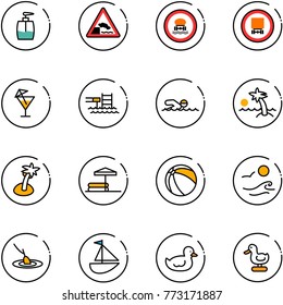 line vector icon set - liquid soap vector, embankment road sign, no dangerous cargo, drink, pool, swimming, palm, inflatable, ball, waves, fishing, sailboat toy, duck