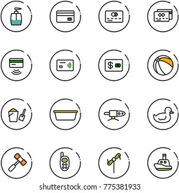 line vector icon set - liquid soap vector, credit card, tap pay, ball, bucket scoop, basin, pipe welding, duck toy, hammer, phone, windmill, boat