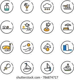 line vector icon set - liquid soap vector, drink, rain cloud, pool, swimming, palm, inflatable, diving, waves, dolphin, water power plant, oiler, sailboat toy, boat