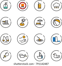 line vector icon set - liquid soap vector, no dangerous cargo road sign, drink, rain cloud, pool, palm, inflatable, ball, life vest, waves, fishing, water power plant, oiler, sailboat toy, duck
