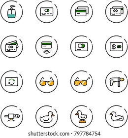 line vector icon set - liquid soap vector, credit card, tap pay, exchange, sunglasses, drill machine, pipe welding, duck toy