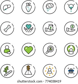 line vector icon set - liver vector, heart, brain, bladder, broken bone, care, investment, user login, head hunter, man globe, career, dollar, star, fingerprint scanner