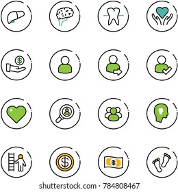 line vector icon set - liver vector, brain, tooth, heart care, investment, user, login, check, head hunter, group, bulb, opportunity, dollar, money, feet