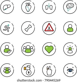 line vector icon set - liver vector, heart, lungs, brain, run, broken bone, pedestrian road sign, user, check, group, idea, rich, victory, eye scanner