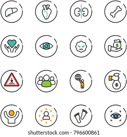 line vector icon set - liver vector, heart, kidneys, broken bone, care, eye, virus, investment, pedestrian road sign, group, world, rich, success, star man, feet, scanner